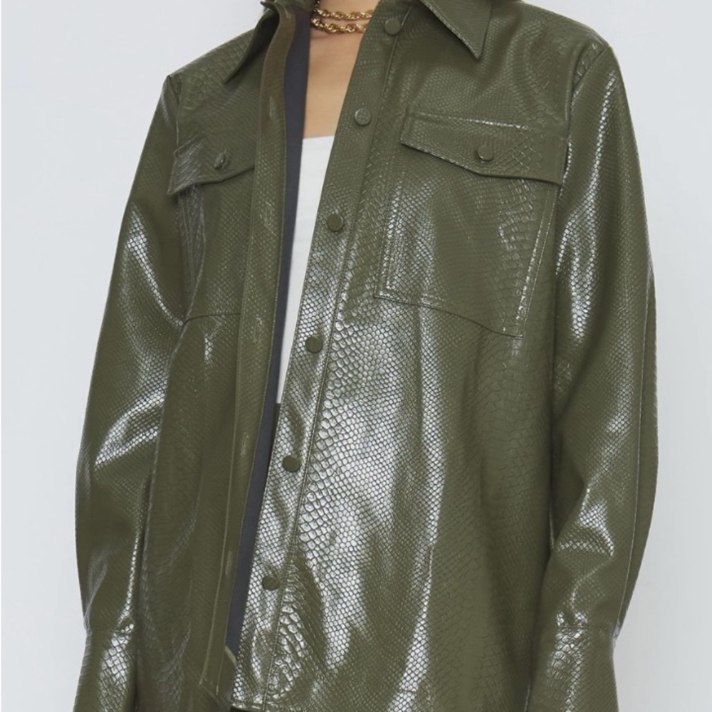 4SI3NNA Shiny Olive Faux Leather Jacket